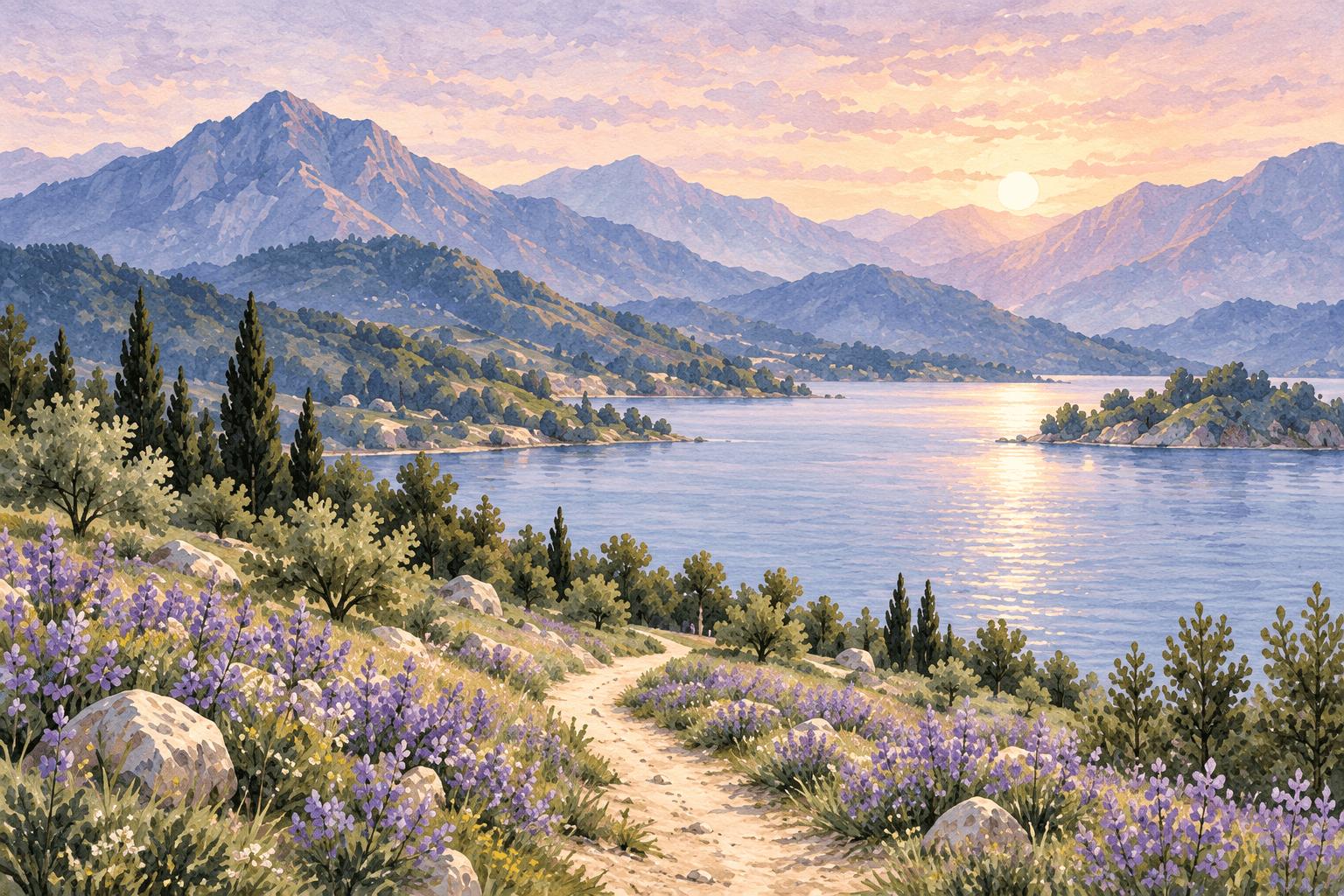 Lavender-lined path beside a mountain lake at sunrise
