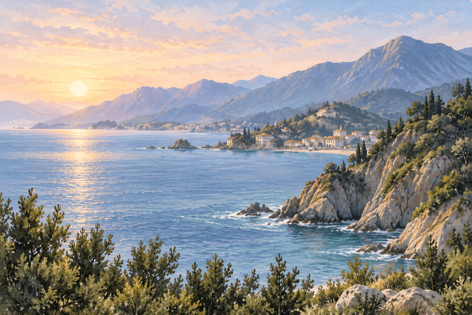 Calm sea and mountain coastline in soft morning light