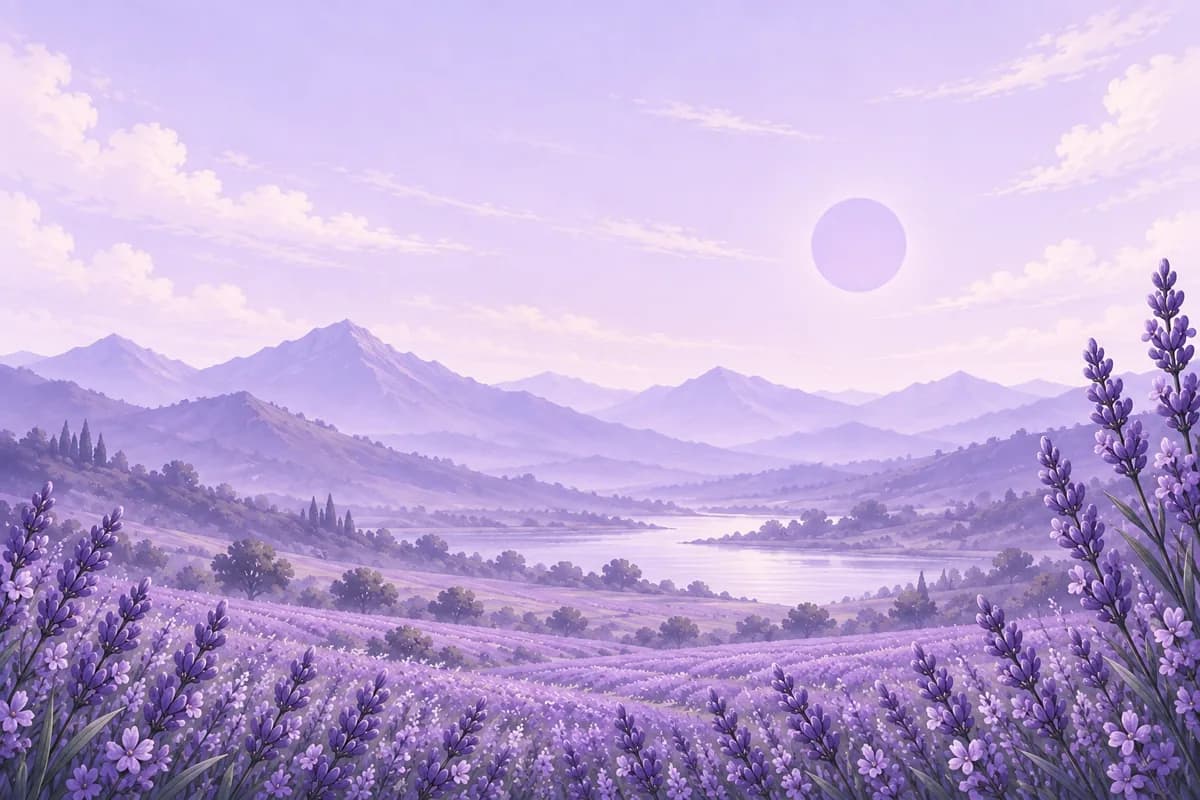 Lavender fields leading toward distant mountains