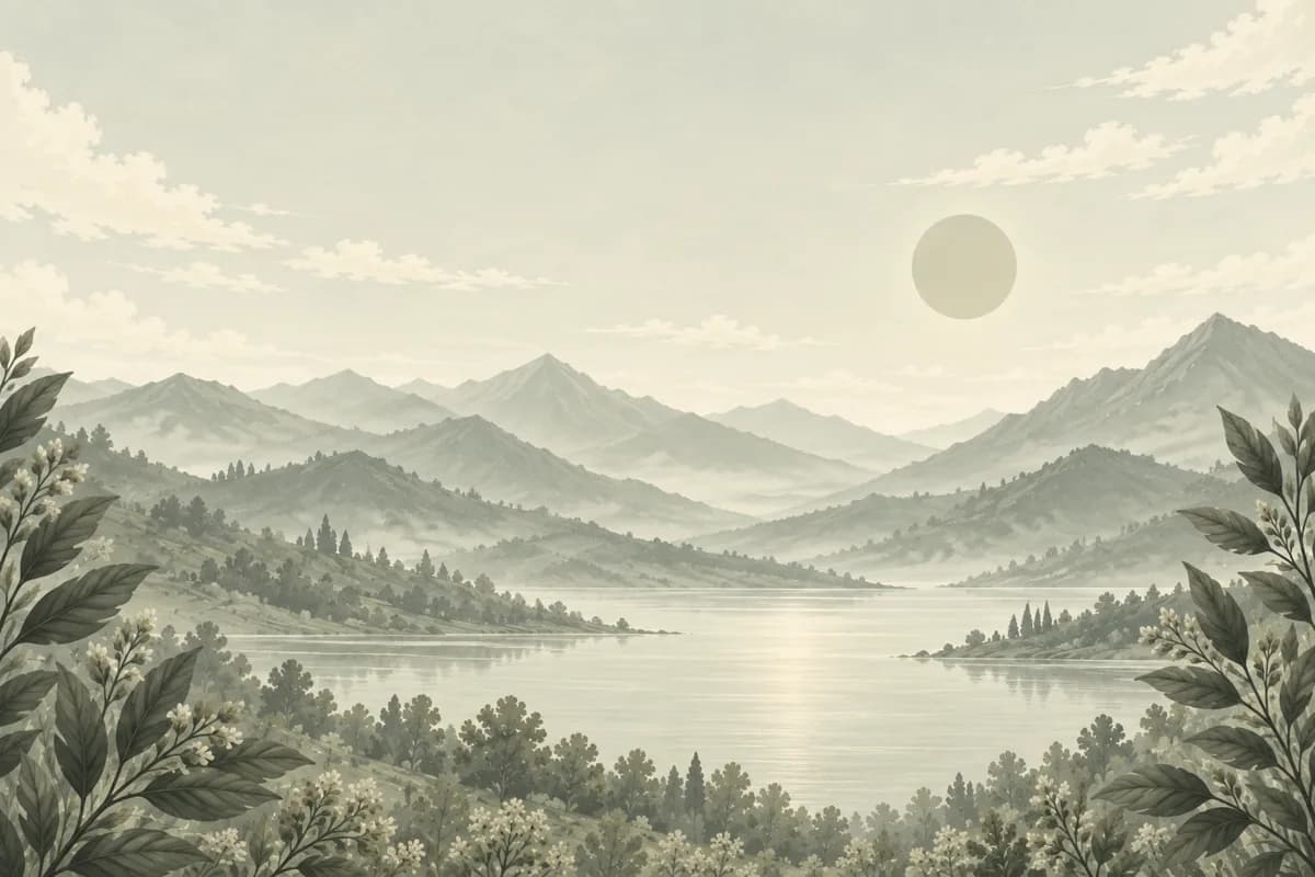 Green hills and distant mountains beneath a bright sky
