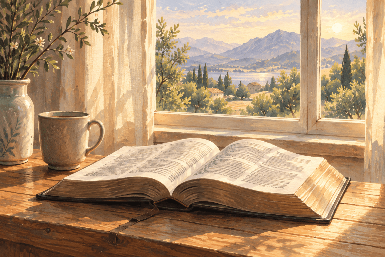 Open Bible beside a sunlit window overlooking the landscape