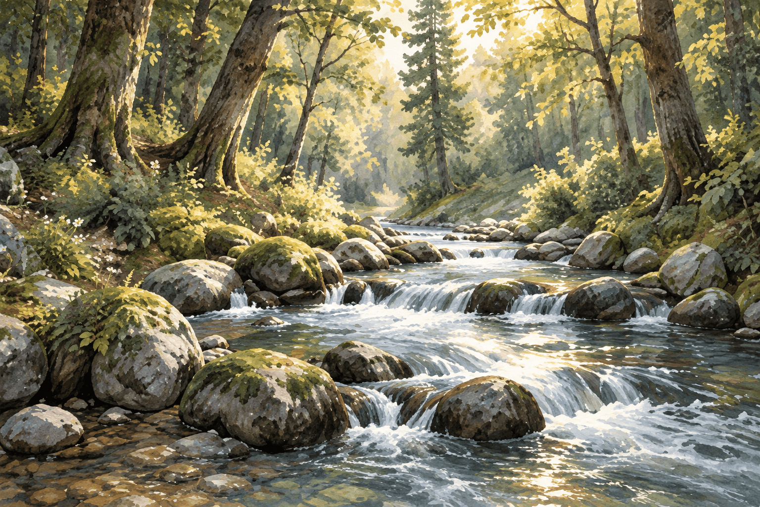 Sunlit stream winding through a quiet forest
