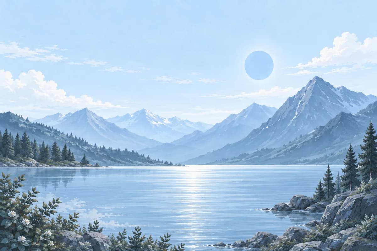 Misty blue hills and quiet water